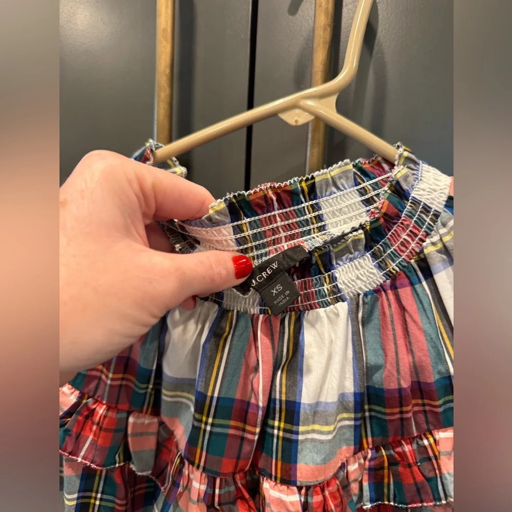 Crew Scallop Tie-Neck Puff Sleeve Top in Stewart Tartan Plaid Women’s XS